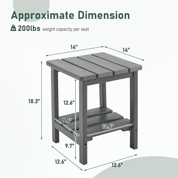 Furnimart Adirondack 2-Layer Square Outdoor Side Table, Extra-Thick HDPE Weather-Resistant Small Patio Table, Gray Outdoor End Table for Garden Balcony Yard Deck Poolside(Gray)
