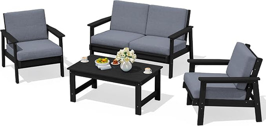 SERWALL 4 Piece HDPE Outdoor Furniture Set, All Weather Wood-Like Outdoor Sofa Sectional Couch, Black Patio Furniture Set with Grey Cushions