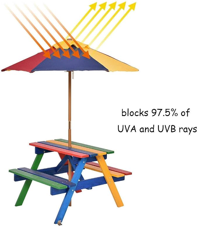 Olakids Kids Picnic Table, Outdoor Toddler Wooden Table and Chair Set with Removable Umbrella, Children Activity Furniture Bench Set for Patio Garden Backyard