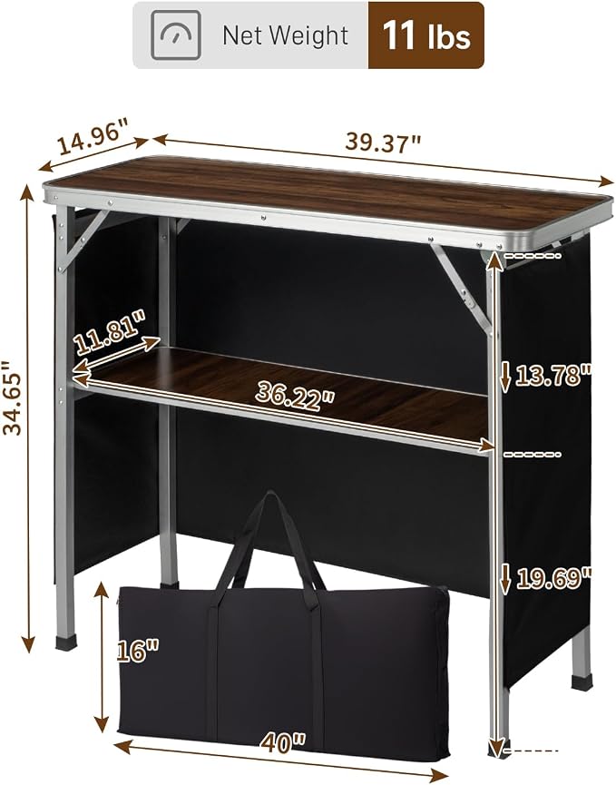 Outvita Portable Bar Table, Outdoor Folding Mobile Bar Counter with 2 Tier Shelves and Black Skirt for Wedding Party Birthday Commercial Activity Musical Festival 39 "L x 34" H