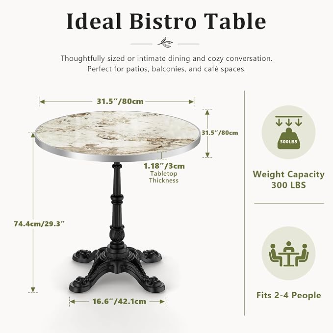 31.5" Outdoor Dining Table, Square Bistro Table w/Sintered Stone Tabletop | and Cast Iron Base, Weather Resistant Small Bistro Table for 2-4 for Outdoor Garden Café Use (Cream Taupe Marble)