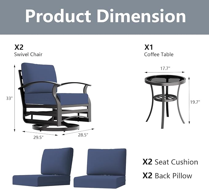 Outdoor Patio Furniture Set, 3 Piece Aluminum Metal Chairs Swivel Rocker, Overstuffed Washable Cushions Bistro Set for Porch, Balcony, Deck, Garden Navy