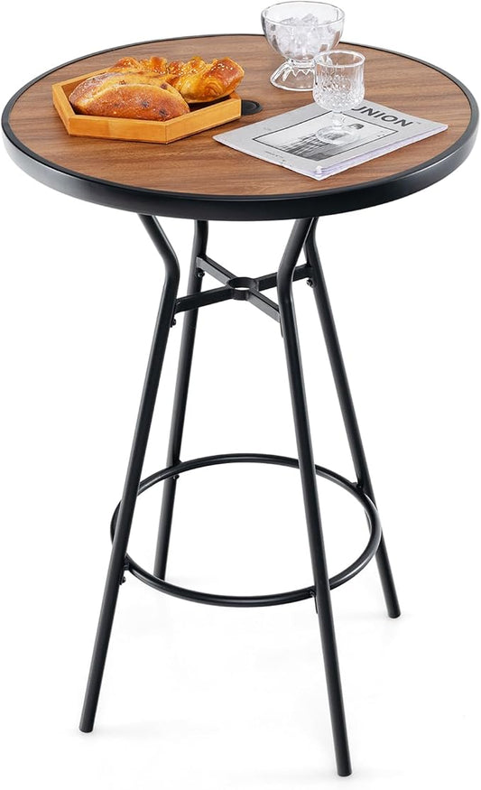 HAPPYGRILL Patio Bar Table with Umbrella Hole, 28” Outdoor Bar Height Table with Faux Wooden Top, Footrest, Patio Bistro Table for Poolside, Backyard, Garden