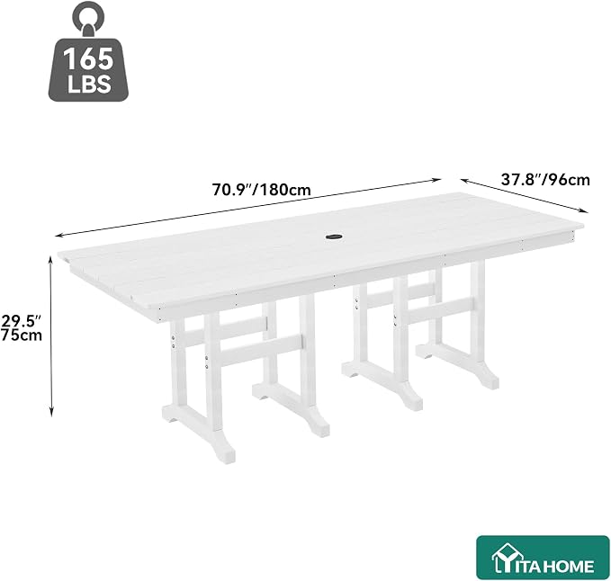 YITAHOME 71 Inch HIPS Outdoor Table, All Weather Patio Dining Table with Umbrella Hole, Faux Wood Rectangular Resin Table for 6, Sturdy Plastic Furniture for Lawn Garden, 165 LBS Capacity, White