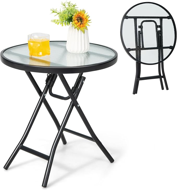 HAPPYGRILL Outdoor Side Table, Folding Small Patio Table with Tempered Glass Tabletop, Steel Frame, Round Outdoor End Table with Anti-Slip Footpads for Balcony Garden Backyard Deck Poolside
