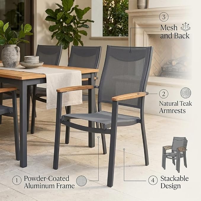 Amazonia Franklin 4-Piece Aluminum Patio Dining Chairs | 100% Teak from Indonesia Armrests | Ideal for Outdoors and Indoors