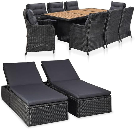 11-Piece Outdoor Dining Set Black and Dark Grey Hand-Woven PE Rattan Rectangular Patio Dining Furniture Set 78.7 x 39.4 x 29.1 in Powder-Coated Steel Frame for Garden Patio Balcony