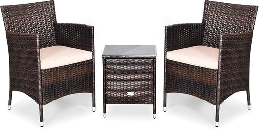 DORTALA Wicker Patio Furniture Set 3 Piece, Small Outdoor Table & Chairs Set with Cushions, All-Weather Rattan Conversation Bistro Set for Balcony, Porch, Backyard, Deck, Beige
