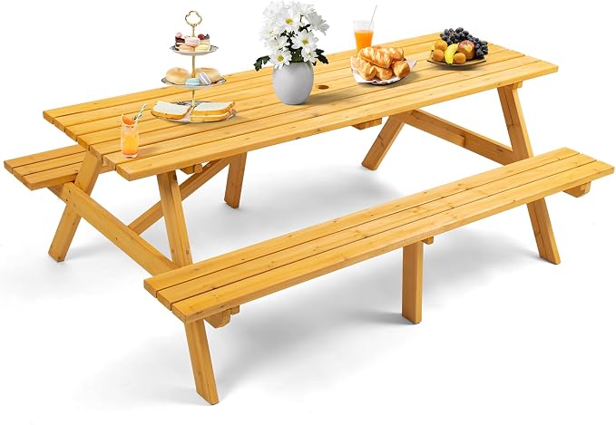 Zevemomo 8 Person Wood Picnic Table, Rectangle Tabletop with Umbrella Hole, 2 Built-in Long Benches, 2220LBS Total Capacity for Gardens, Yards, Pale Wood