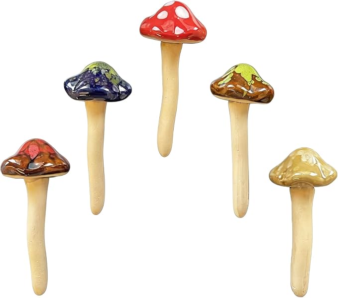 5 Pcs Ceramic Mushrooms for Garden Decor, Outdoor Fairy Garden, Yard | 4.7" Tall Pottery Mushroom Statues, Colorful Outside Ornaments for Lawn, Patio, Indoor Plant Flower Pots