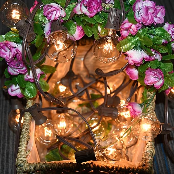 SUNSGNE 25Ft Globe String Lights with 27 Clear G40 Bulbs, Natural Warm Bulb Hanging Umbrella Lights for Backyard Patio Garden Party Cafe Indoor Outdoor Decor-Brown