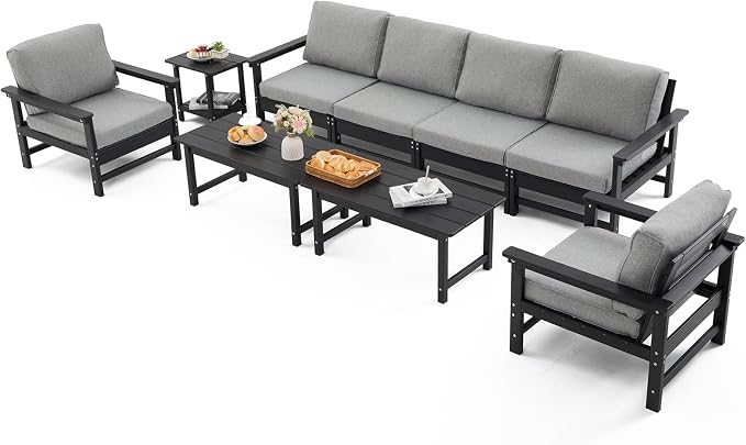 HDPE Outdoor Patio Furniture Set with Cushions, 9 Piece Patio Conversation Set Sofa Set,All Weather Outdoor Couch Set with Coffee Table for Lawn, Garden, Deck