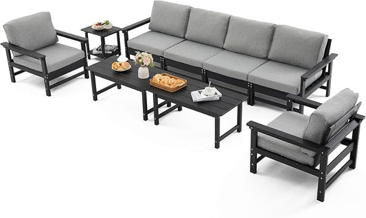 HDPE Outdoor Patio Furniture Set with Cushions, 9 Piece Patio Conversation Set Sofa Set,All Weather Outdoor Couch Set with Coffee Table for Lawn, Garden, Deck