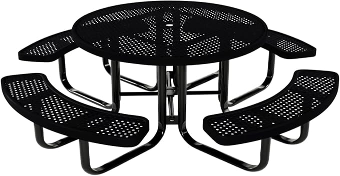 COATEDOUTDOORFURNITURE Heavy-Duty Portable Outdoor Kids Table with Umbrella Hole, Punched Steel Kids Picnic Table, Commercial-Grade, Made in America (46 in, Round, Childrens, Black)