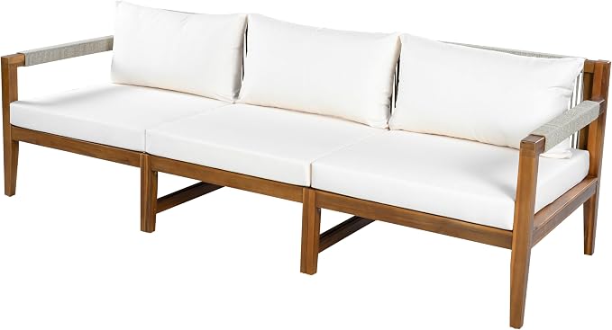 3 Pieces Outdoor Sectional Sofa Set, All Weather Rope Woven Patio Conversation Set with Solid Acacia Wood Frame, Water-Resistant Removable Cushions for Backyard Deck Poolside (Beige-4.19)