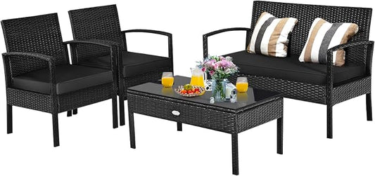 Tangkula 4 Pieces Wicker Patio Conversation Furniture Set, Outdoor Rattan Chair and Table Set, Patio Furniture Sets with Coffee Table & Washable Cushions for Courtyard Balcony Garden