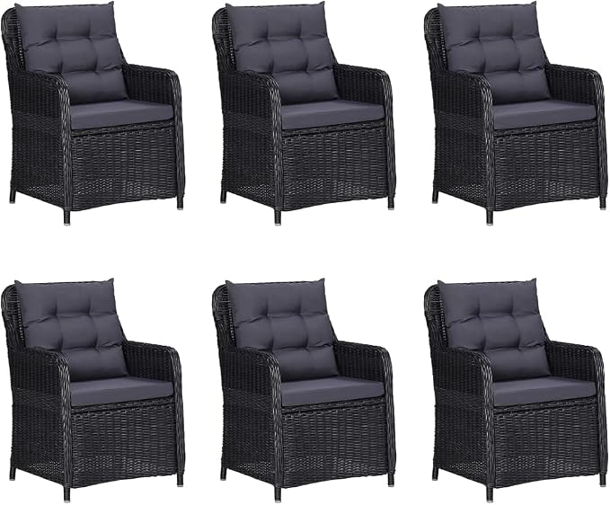 7-Piece Outdoor Dining Set 78.7" Rectangular Acacia Wood Table with Black Poly Rattan Chairs Powder-Coated Steel Frame Weather-Ready Cushions Patio Furniture for Garden Backyard Terrace