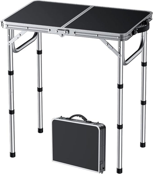 FUNYKICH 2ft Small Folding Camping Table(L22.8'' xW15.7''), 3 Height Adjustable Portable Picnic Table, Lightweight Aluminum Outdoor Tables with Carry Handle for Camping, Picnic, Silver