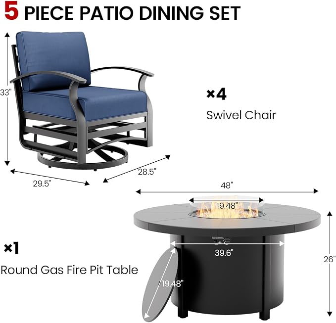 5 Piece Aluminum Outdoor Patio Furniture Set with 48" Round Propane Fire Pit, Outdoor Dining Table Set with 4 Aluminum Swivel Chairs, Outdoor Furniture Set with Fire Pit for Porch, Balcony, Navy
