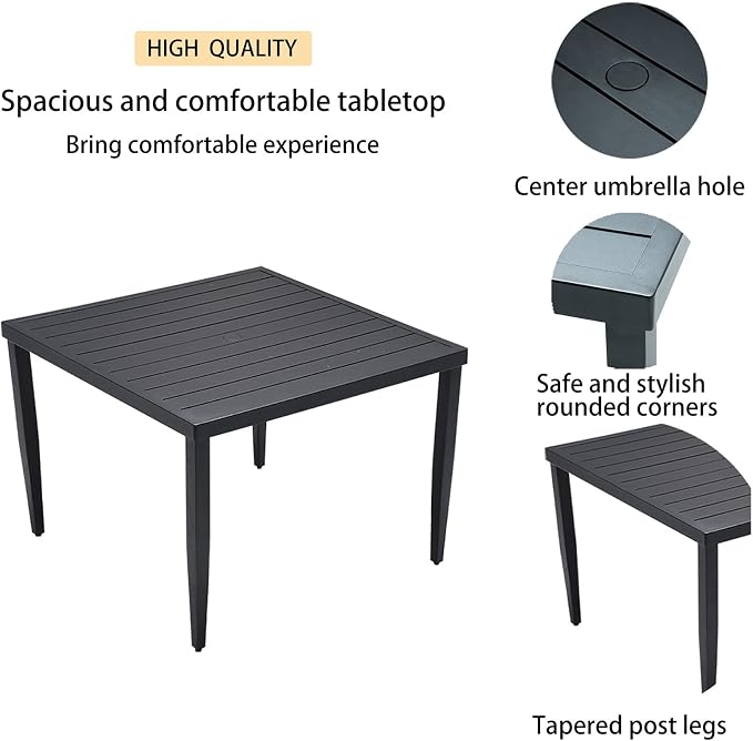 Outdoor Patio Aluminum 40"x40" Square Dining Table with Tapered Feet & Umbrella Hole, Ember Black