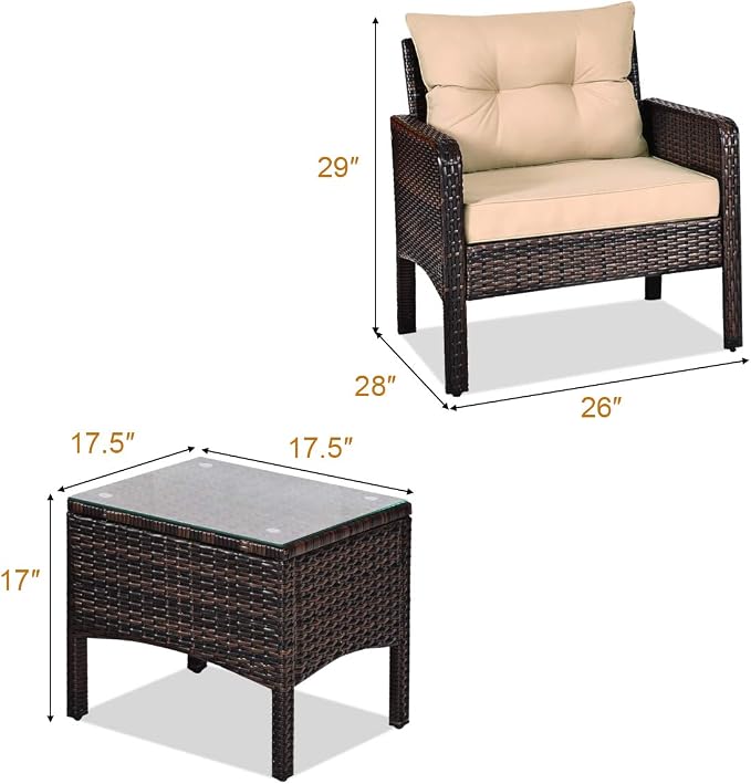 ORALNER 3-Piece Patio Conversation Set, All-Weather Wicker Sofa Chair and Coffee Table Set with Thick Cushions, Outdoor Furniture, Rattan Bistro Set for Balcony Deck Porch Poolside Garden (Brown)