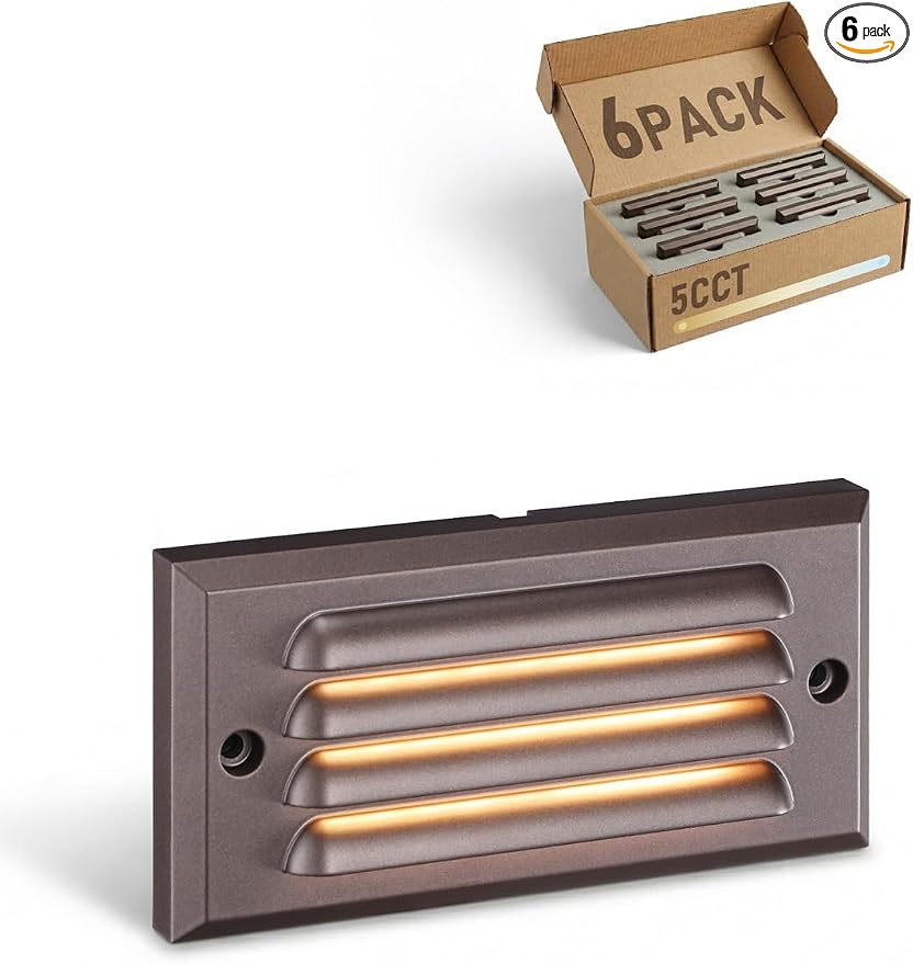 LEONLITE 6-Pack 5CCT 6 Inch Low Voltage LED Step Lights Outdoor | Horizontal Louvered Stair Lights, 12–24V AC/DC, IP65 Waterproof, 1800/2700/3000/4000/5000K, ETL, Aluminum, Oil Rubbed Bronze