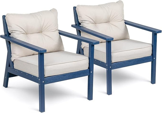 2 Seat Chair Set, HDPE Patio Conversation Set, Outdoor Patio Furniture | Water-Resistant Thick Cushion, HDPE All Weather, Wood-Grain, No Rot or Rust or Crack, UV Fade Shield, Easy-Clean for Outside