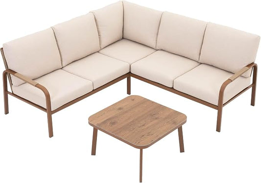 Aluminum Outdoor Patio Furniture Set, L-Shaped Corner Sectional Sofa with Coffee Table, Waterproof 4.8" Cushions, Modern Patio Conversation Set for Balcony, Porch & Backyard, Beige