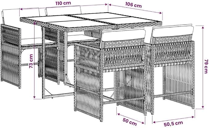 5 Piece Garden Dining Set with 4 High-Back Chairs and Rectangular Table, Black Poly Rattan and Tempered Glass Outdoor Patio Set with Removable Cushions, Foldable and Stackable