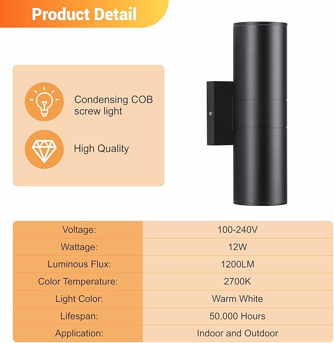 DAKAFUL Outdoor Wall Lights 4Pack, Integrated LED Cylinder Up Down Lights, 12W 2700K Aluminum Exterior Wall Light, Outdoor Light Fixture for Porch Patio Door.(Matte Black)