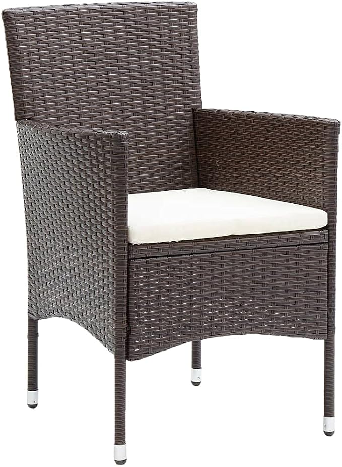 3 Piece Patio Dining Set Brown Cream White Poly Rattan Table 43.3" Glass Top Chairs with Cushions Powder-Coated Steel Frame Outdoor Bistro Set for Garden Balcony Small Spaces