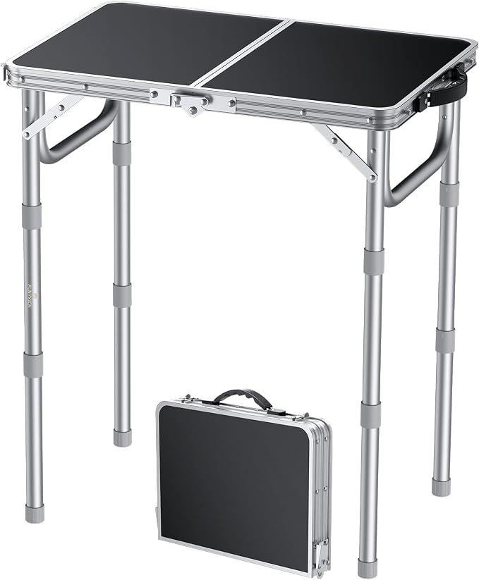 FUNYKICH 2ft Small Folding Table, 3 Height Adjustable Portable Camping Table, Lightweight Aluminum Outdoor Tables with Carry Handle for Car Camping, Backpacking, Picnic, L22.8''xW15.7'', Silver