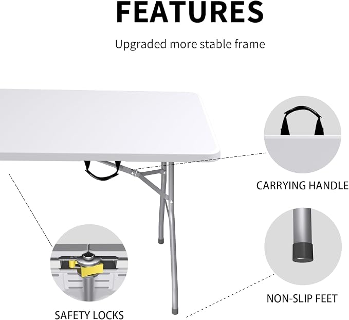 Folding Table 6FT, No Assembly Required Outdoor Picnic Table Thickened HDPE Panel, Office Foldable Table with Handle & Lock for Parties Wedding Camping (White, 4 Pack)