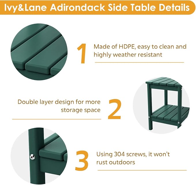 IVY&LANE Adirondack Outdoor Side Table | HDPE Plastic | Patio End Tables with Storage | 2-Shelf | Weather Resistant | Forest Green | 14 x 13 Inches | for Outside Porch Deck Backyard Indoor