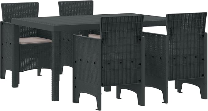 Garden Dining Set 5 Piece Anthracite Poly Rattan Patio Furniture Set Modern Rectangular Table and Chairs for Outdoor Patio, Backyard, Garden, Balcony