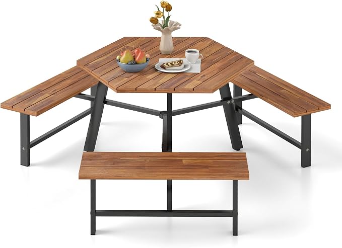 Giantex Picnic Table Bench Set for 6, Acacia Wood Outdoor Dining Table Set with 3 Seats, 1.97" Umbrella Hole, 1720 LBS Capacity, Heavy Duty Metal Frame, for Front Porch Patio Lawn Garden