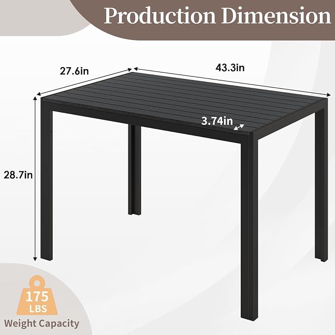 LIFERUN Outdoor Patio Table for 4-6 Person, 43×28in Rectangle Outdoor Dining Table with Wooden-Like Top and Aluminum Frame, Heat and Weather Resistant, Ideal for Garden, Patio, Poolside, Porch, Black