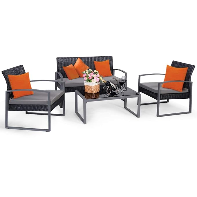 Tangkula 4 PCS Outdoor Patio Furniture Rattan Wicker Conversation Set, As pic