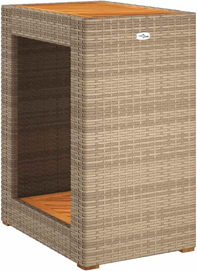 vidaXL Patio Side Table with Wooden Top, Exterior Tea Table with Storage, Rectangular Coffee Table for Garden Backyard, Modern, Beige Poly Rattan
