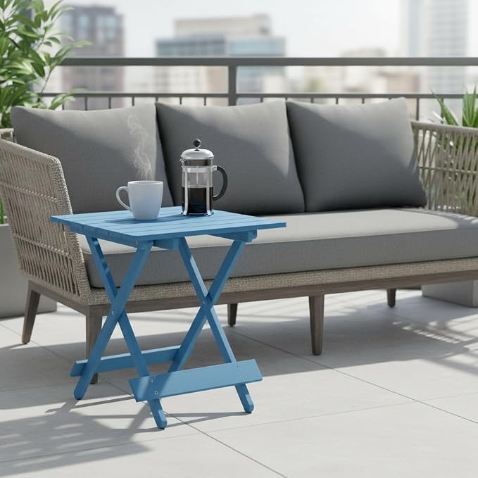 IRONORA Blue Solid Acacia Wood Folding Patio Side Table, Slatted Portable Outdoor End Table, Foldable Small Wooden Accent Table for Backyard Pool Balcony Beach Camping Indoor Use