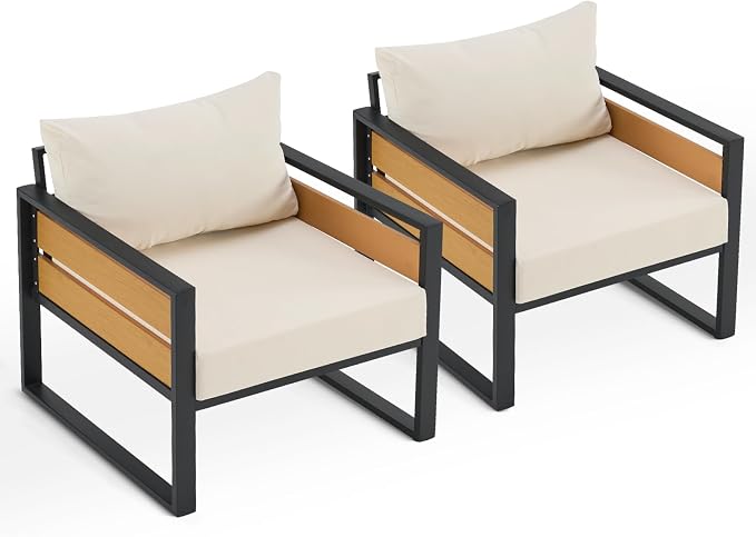 Furnimart Patio Furniture Set, 2-Piece Metal Outdoor Sectional, 2-Seat Patio Conversation Set with Deep Seating, Thick Cushions & Coffee Table for Backyard, Porch & Deck, Beige