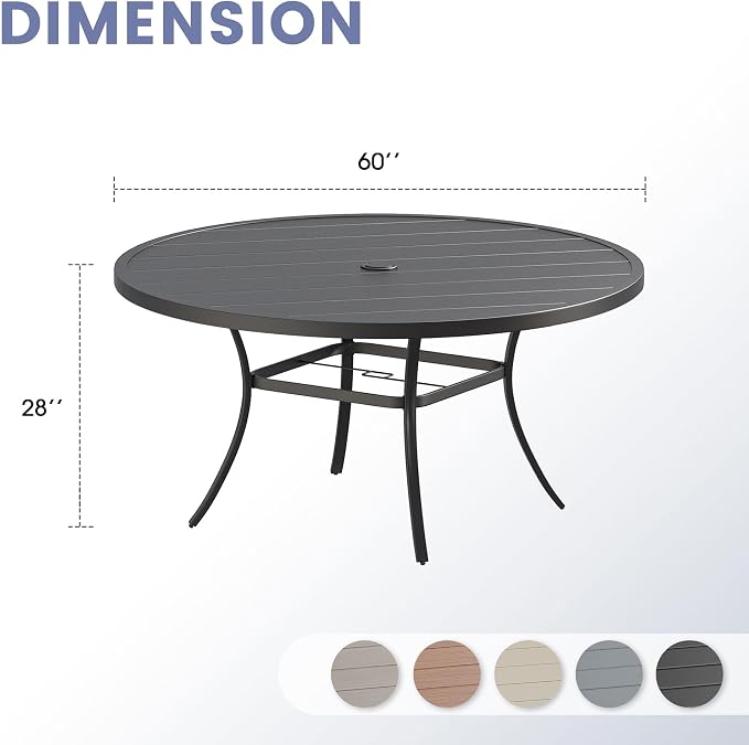 VICLLAX 60" Round Patio Table, Outdoor Dining Table for 8-10 with Umbrella Hole for Garden Lawn Deck Backyard, Black