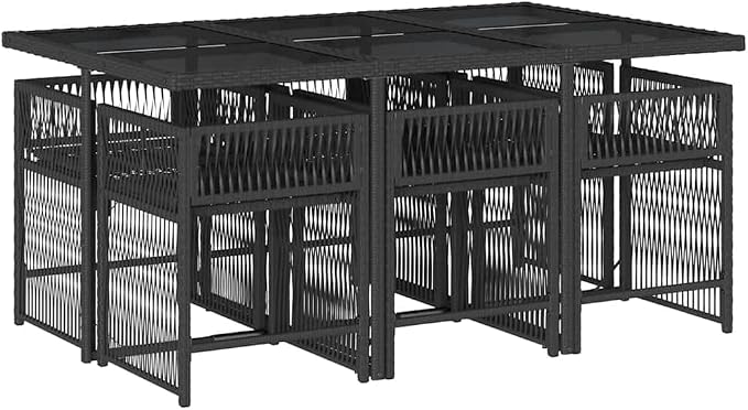 7 Piece Patio Dining Set, Black PE Rattan Outdoor Dining Table and 6 Chairs with Cream White Cushions, Space Saving Garden Furniture Set for Patio, Backyard, Deck