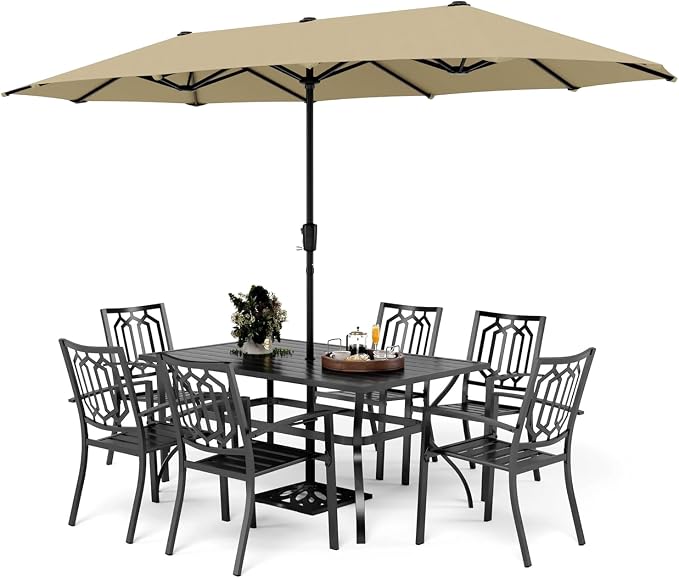 PHI VILLA 8 PCS Patio Dining Set w/ 13ft Umbrella(Beige) | Metal Outdoor Dining Set - 6 x Outdoor Stackable Chairs, 1x 60"x38"Rectangle Dining Table and 1 Umbrella