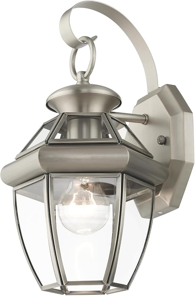 Livex Lighting 2051-91 Monterey 1 Light Outdoor Brushed Nickel Finish Solid Brass Wall Lantern with Clear Beveled Glass | Clear Beveled Glass; Solid brass construction