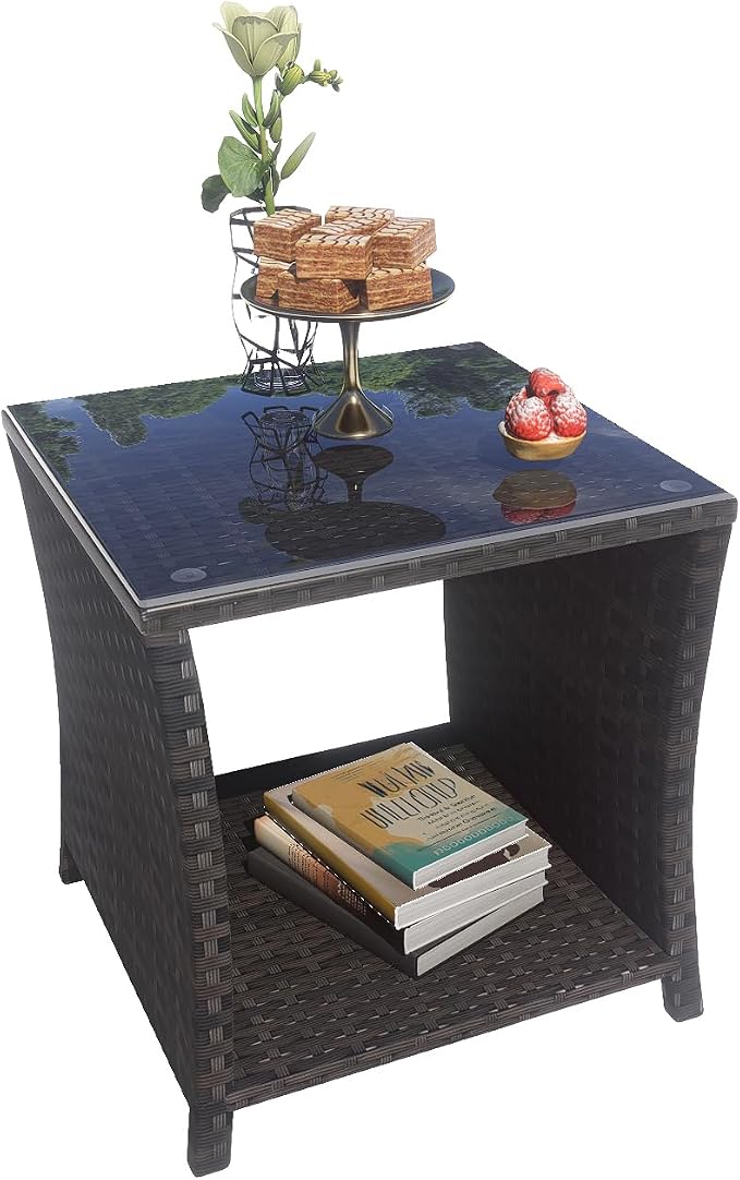 Wicker Rattan Side Table,Outdoor Patio Wicker Table,Modern Patio End Side Table with Glass Countertop and Storage Space,for Garden Balcony Porch
