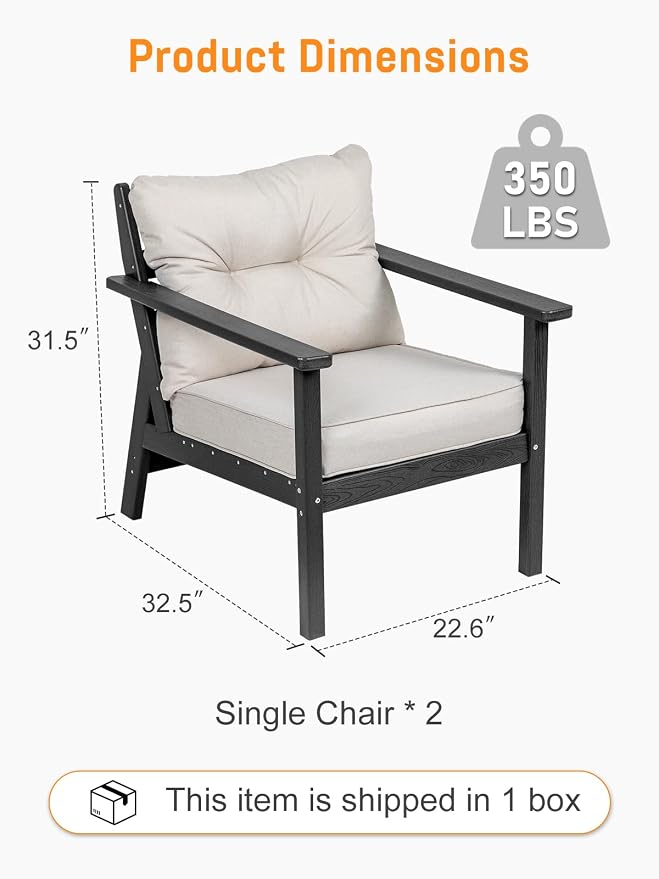 2 Seat Chair Set, HDPE Patio Conversation Set, Outdoor Patio Furniture | Water-Resistant Thick Cushion, HDPE All Weather, Wood-Grain, No Rot or Rust or Crack, UV Fade Shield, Easy-Clean for Outside