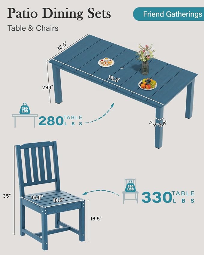 LOUNZY 7 Piece Patio Dining Set for 6, Outdoor Table and Chairs,Navy | 75.2” table,6 seat patio dining set, HDPE wood-look, fade resistant and waterproof, low maintenance outdoor furniture