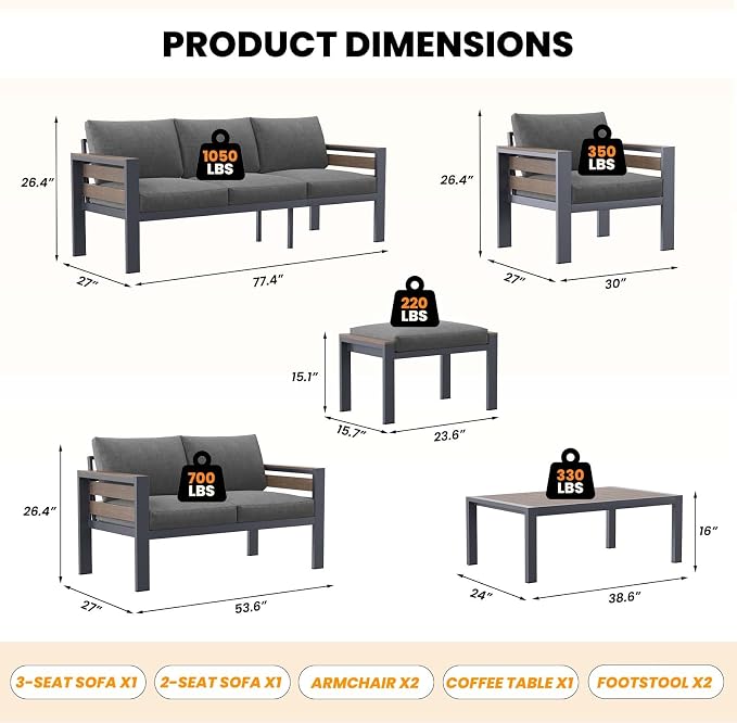 DoCred Aluminum Patio Furniture Set, 7-Piece Modular Patio Conversation Set with Widened Armrests and Thickened Cushions, Metal Outdoor Furniture Set for Porch, Balcony, Deck, Yard, Poolside