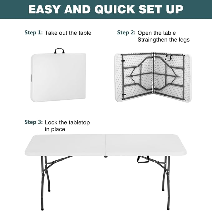 FDW 6 Foot Outdoor Dining Table, Foldable Portable Rectangular Plastic Folding Table with Built in Carrying Handle for Party and Wedding Use, White
